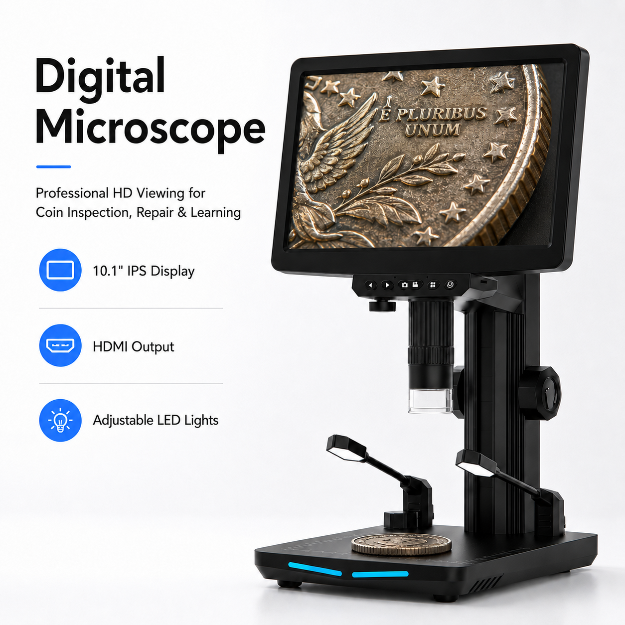 W10-A 10.1" IPS HDMI Digital Microscope for PCB Repair, Soldering & Coin Inspection