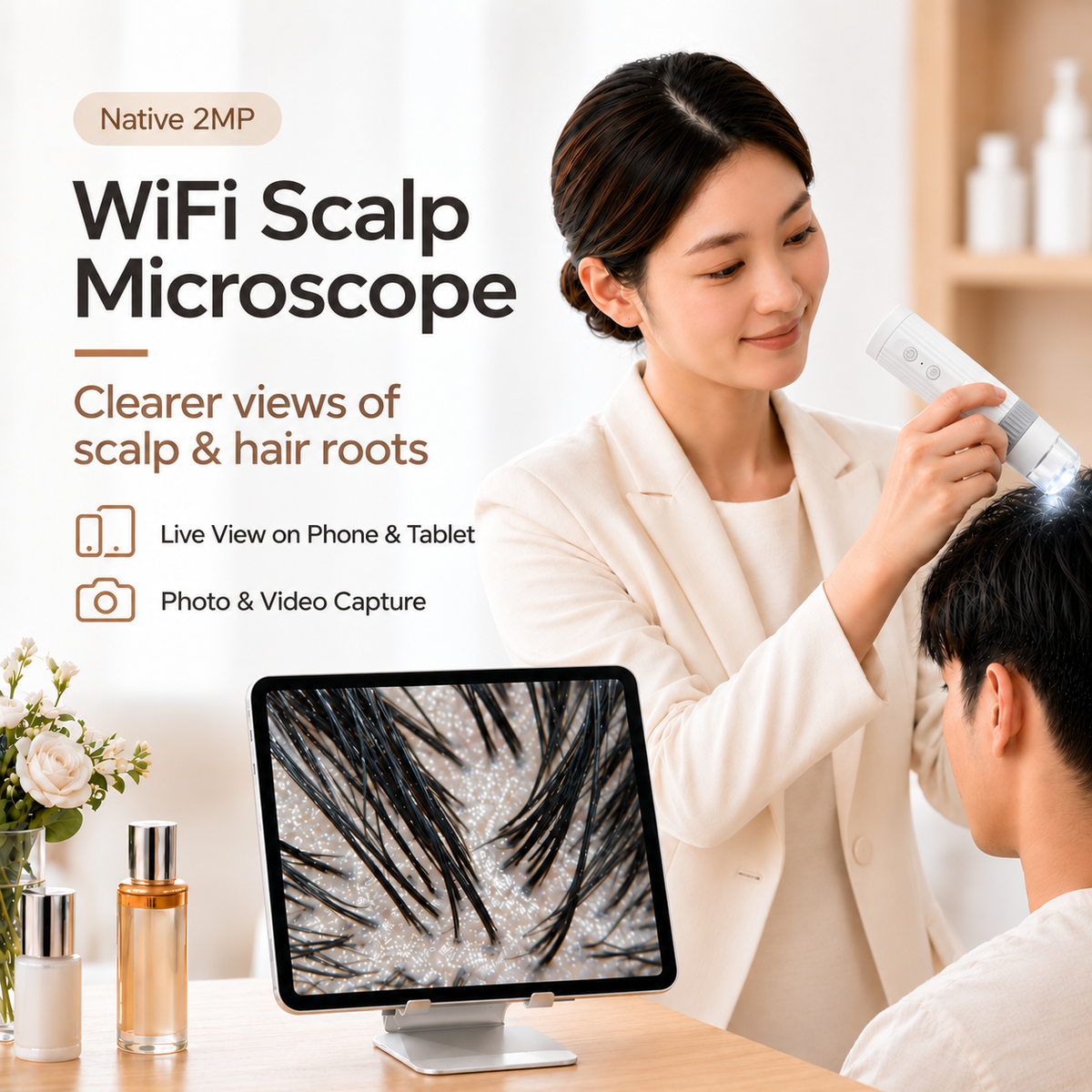 Native 2MP WiFi Scalp Microscope being used for hair analysis in a salon