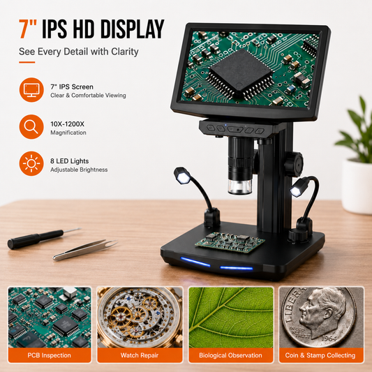 7" IPS HDMI Digital Microscope for Adults, Soldering Electron Microscope 1200X with IPS Screen