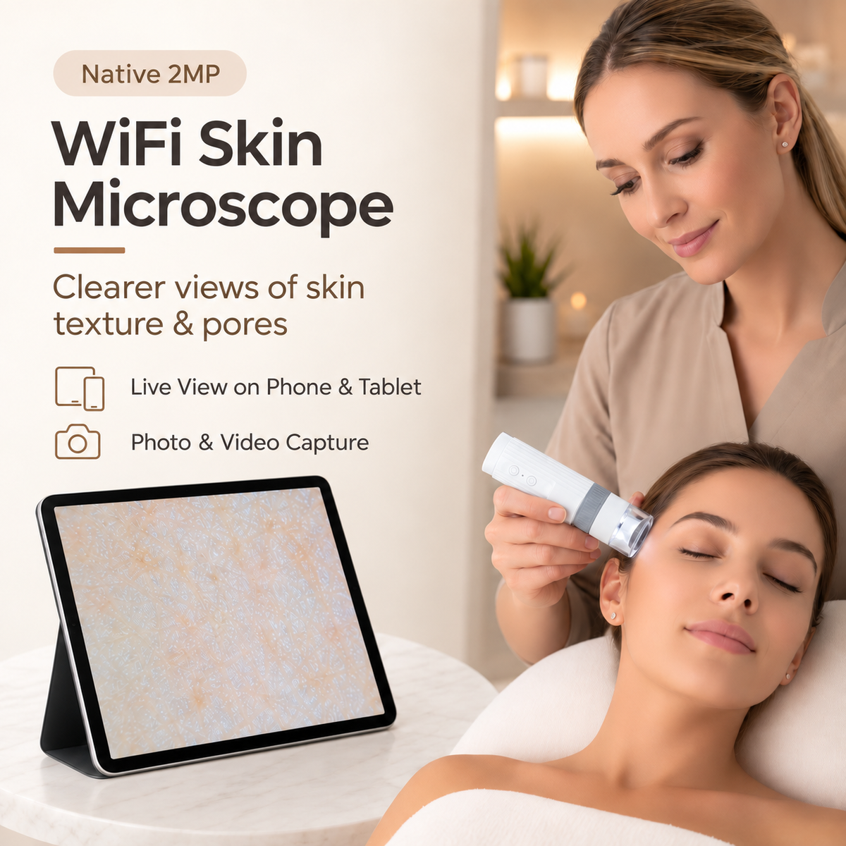 Native 2MP WiFi Skin Microscope being used for skin analysis in a salon