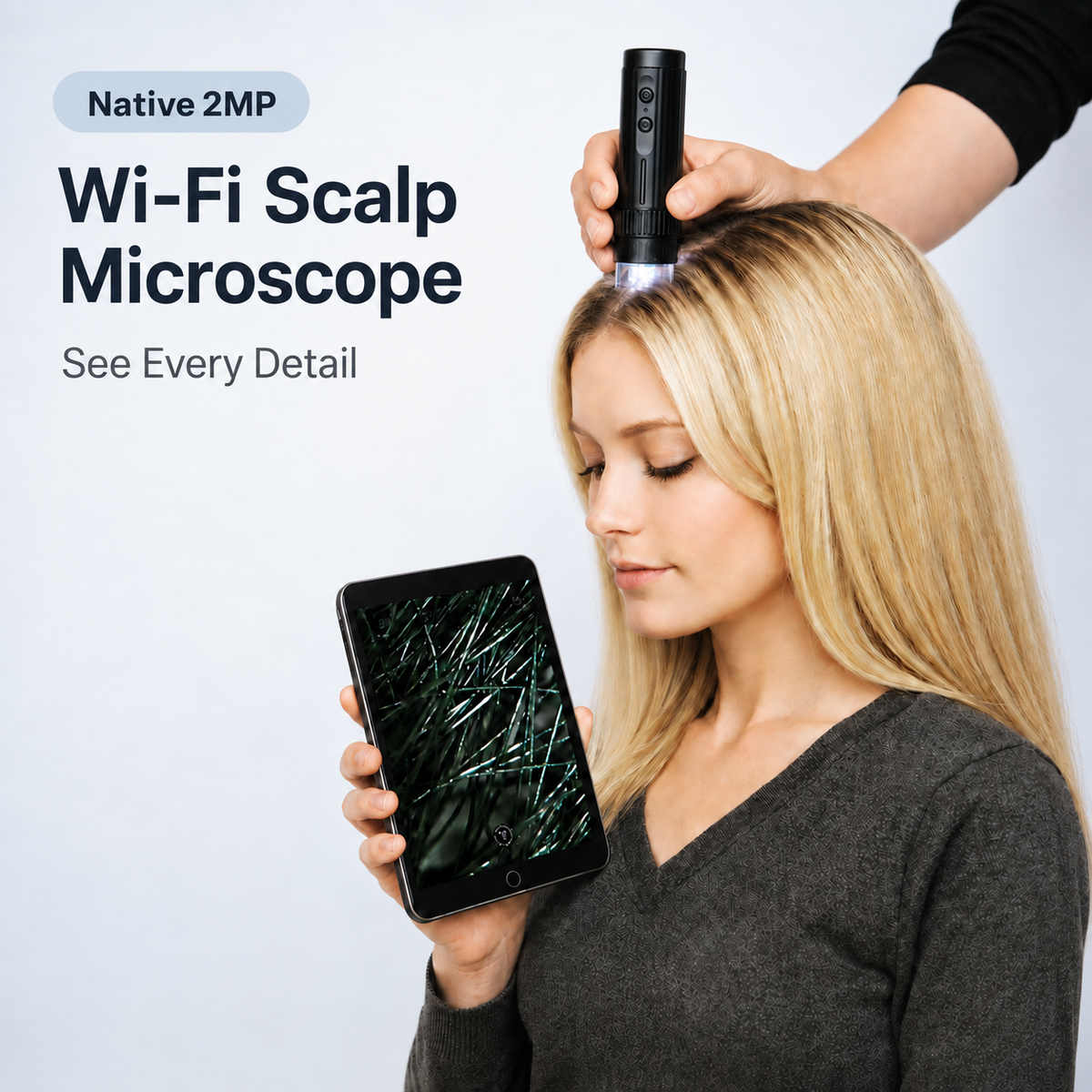Native 2MP WiFi Scalp Microscope being used for hair analysis in a clinic