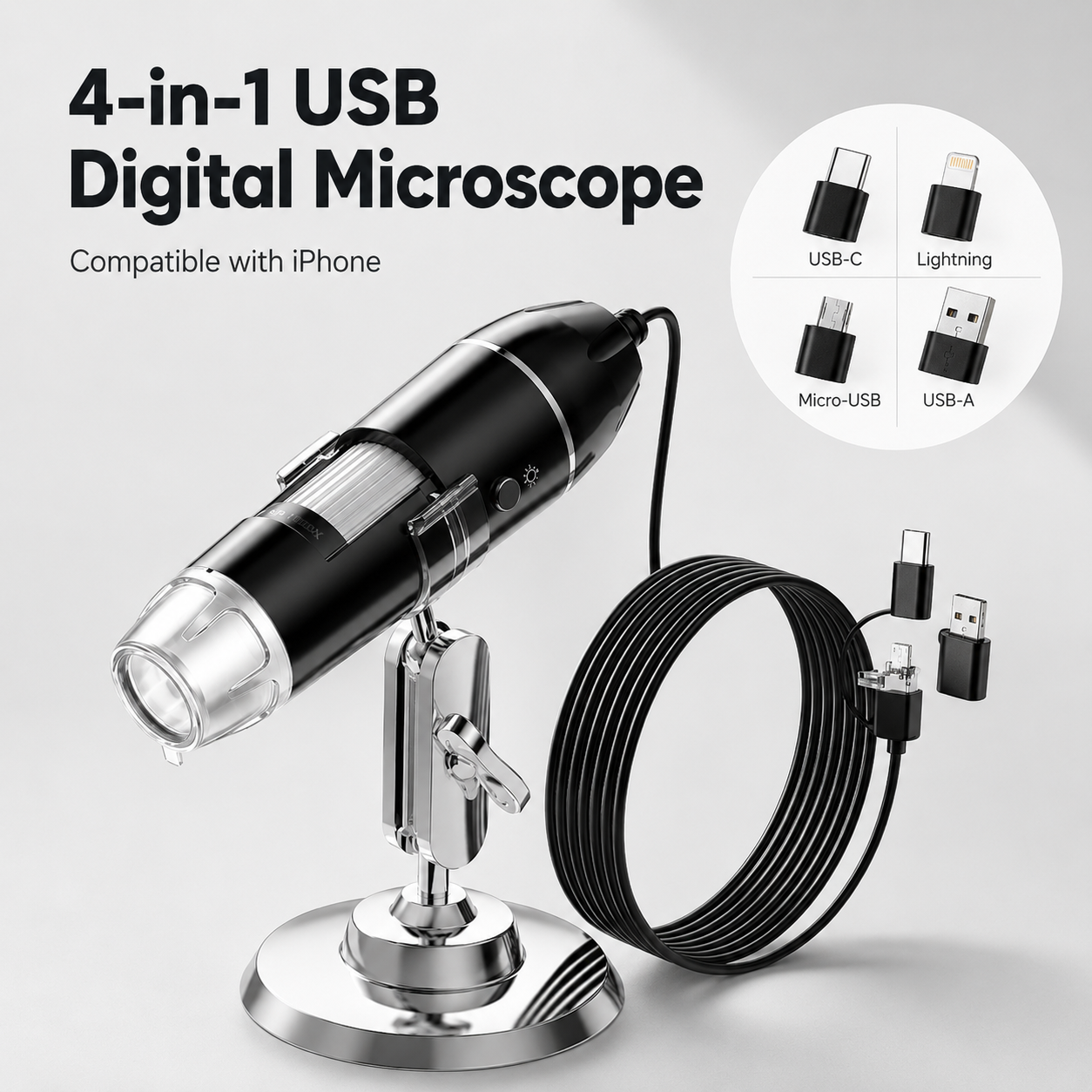 4-in-1 HD USB Digital Microscope for iPhone, Android & PC