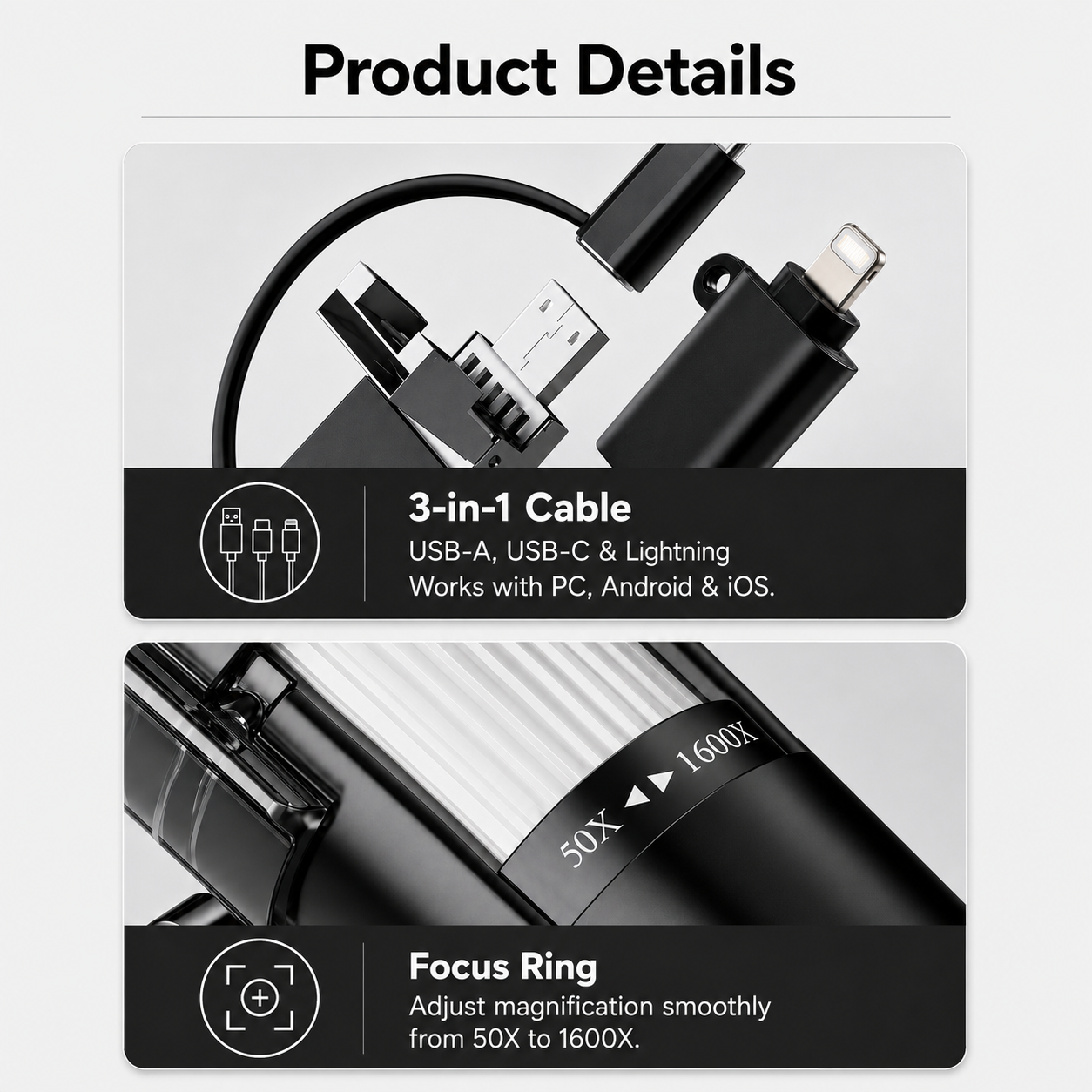 4-in-1 HD USB Digital Microscope for iPhone, Android & PC